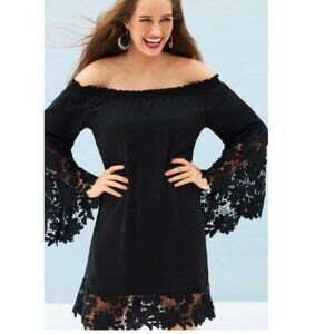 Joseph Ribkoff Black Lace Off Shoulder Dress Resortwear Statement Sleeves XL